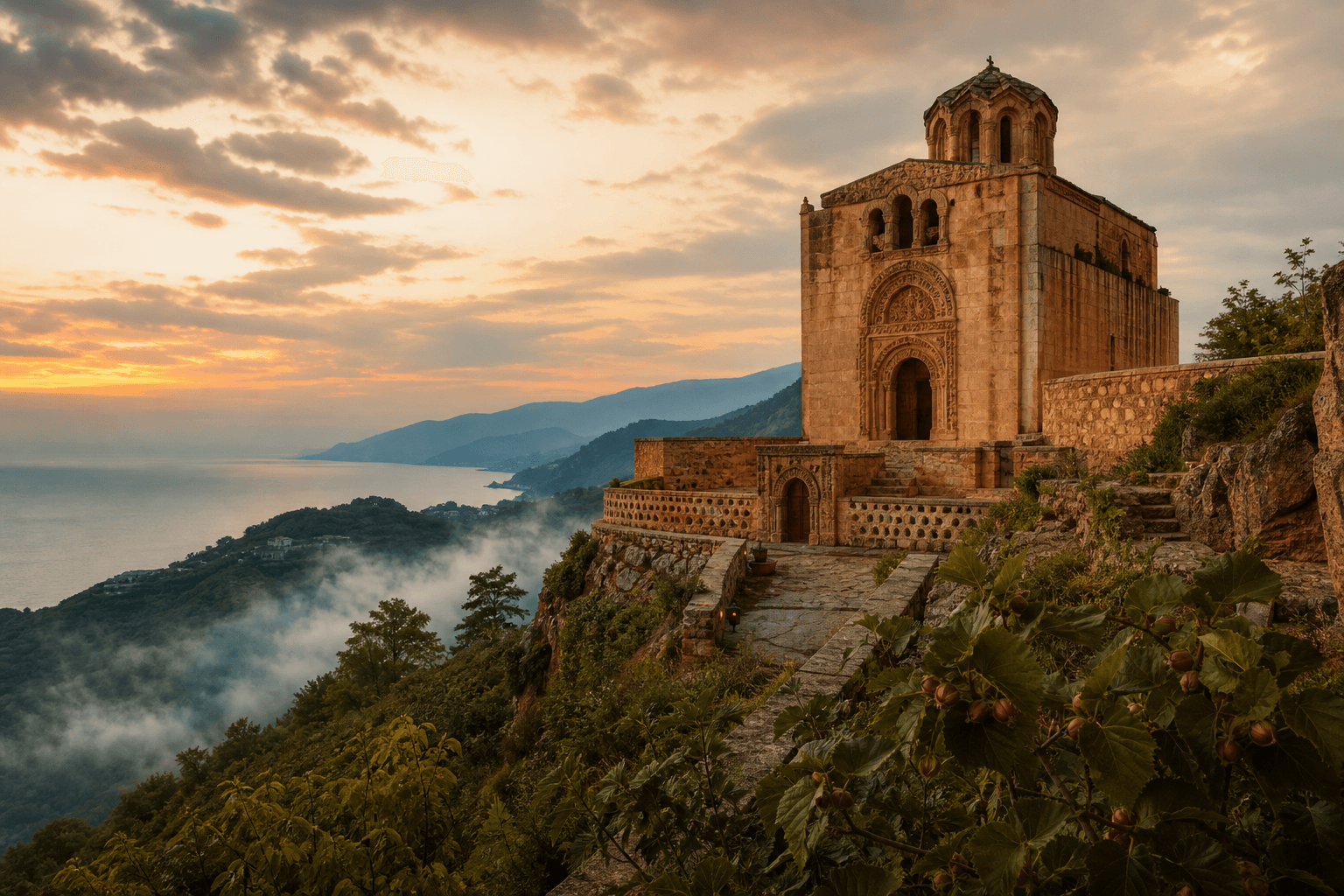 Mardin taş kilisesi atmosferinde fındık yeşili ve Karadeniz sis tonlarında Medyum Armağan Hoca Ordu danışmanlık görseli